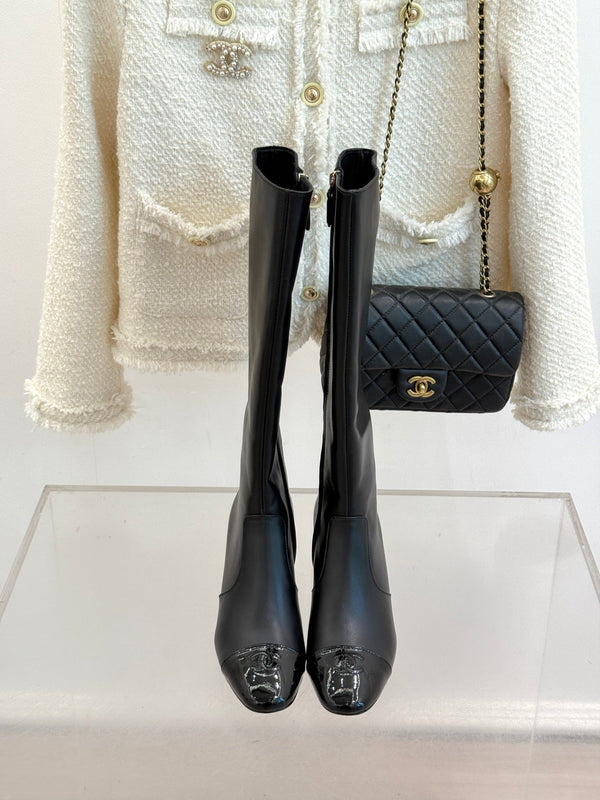 Chanel Double C Colorblock Heel Long Boot Black Sheepskin 465419