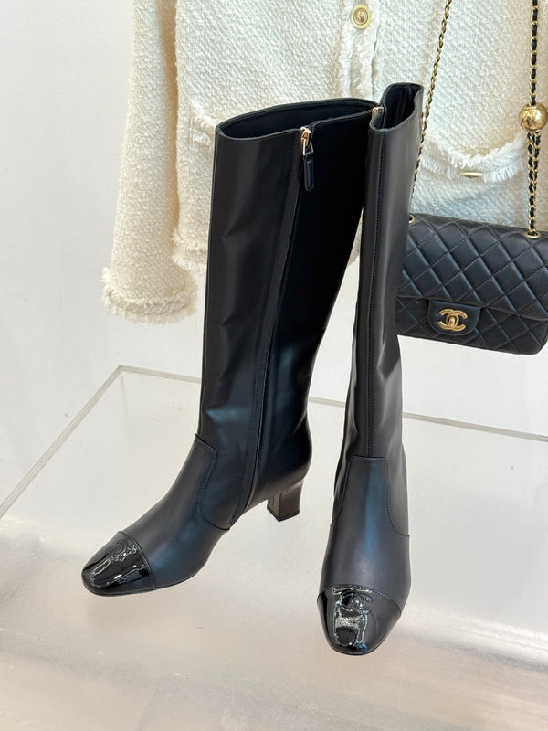 Chanel Double C Colorblock Heel Long Boot Black Sheepskin 465419