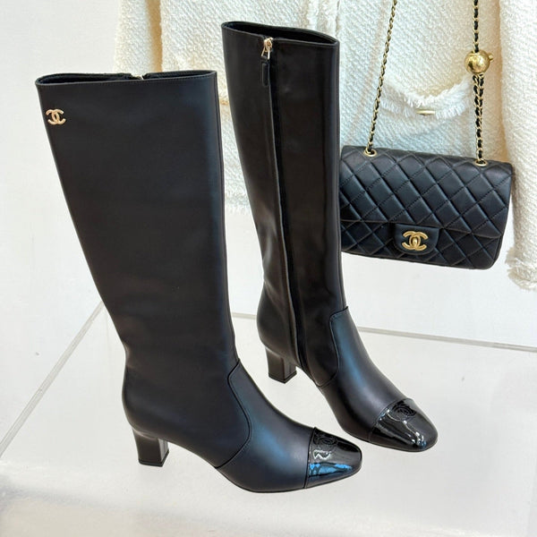 Chanel Double C Colorblock Heel Long Boot Black Sheepskin 465419