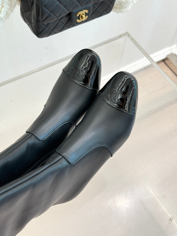 Chanel Double C Colorblock Heel Long Boot Black Sheepskin 465419