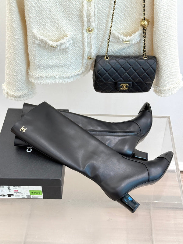 Chanel Double C Colorblock Heel Long Boot Black Sheepskin 465419