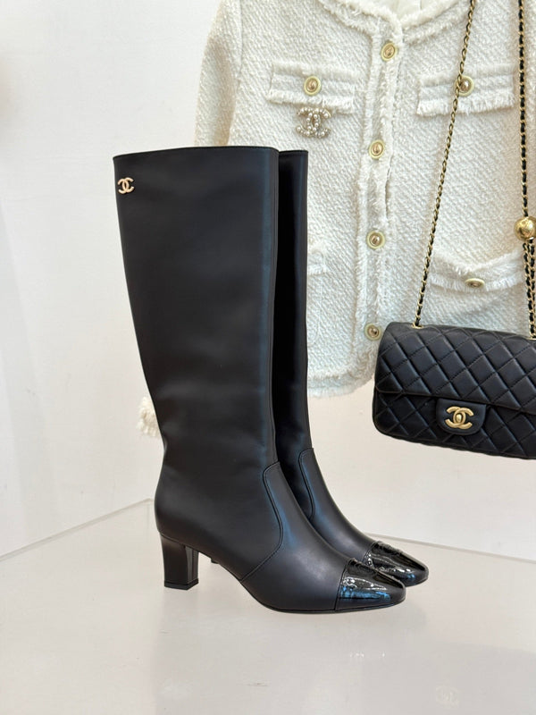 Chanel Double C Colorblock Heel Long Boot Black Sheepskin 465419