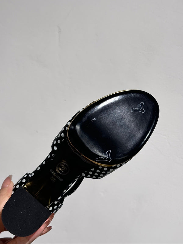 SANDALI CON TACCO A BLOCCO IN PELLE DI MONTONE A POIS NERI