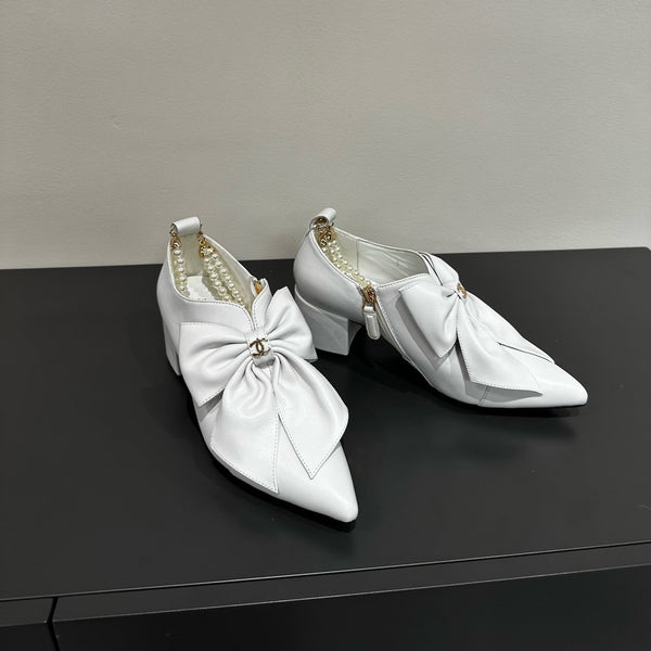 CCC Pointed Toe High Heels White Bow Tie Cowhide