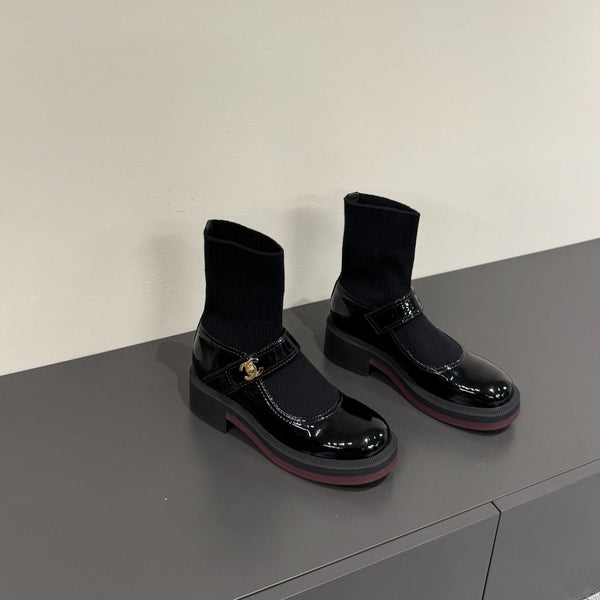 CC 25ss Short Sock Boots Black Patent Leather& Wool 417818