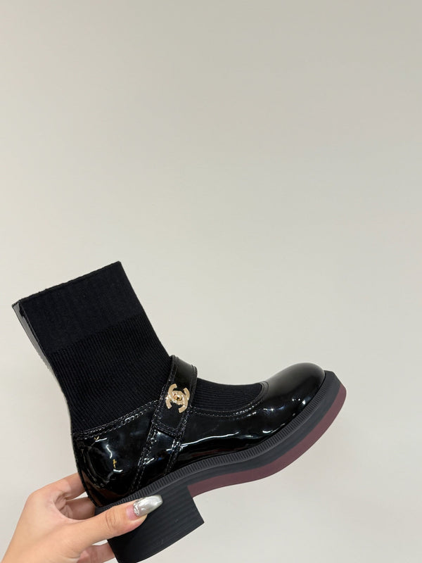 CC 25ss Short Sock Boots Black Patent Leather& Wool 417818