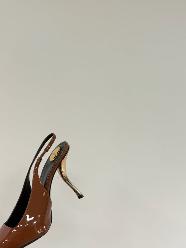 ORANGE GEM-STUDDED SLINGBACK PUMPS IN BRONZE BROWN PATENT CALFSKIN