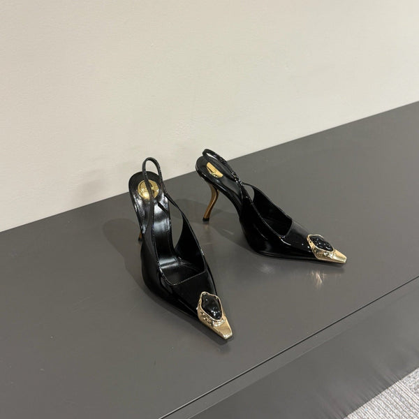 BLACK GEM-STUDDED SLINGBACK PUMPS IN BLACK PATENT CALFSKIN
