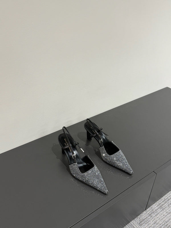 HIGH SLINGBACKS POINTED-TOE IN BLACK LAMBSKIN WITH SILVER CRYSTALS