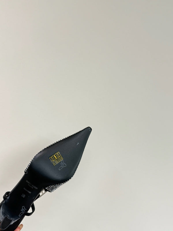 HIGH SLINGBACKS POINTED-TOE IN BLACK LAMBSKIN WITH SILVER CRYSTALS