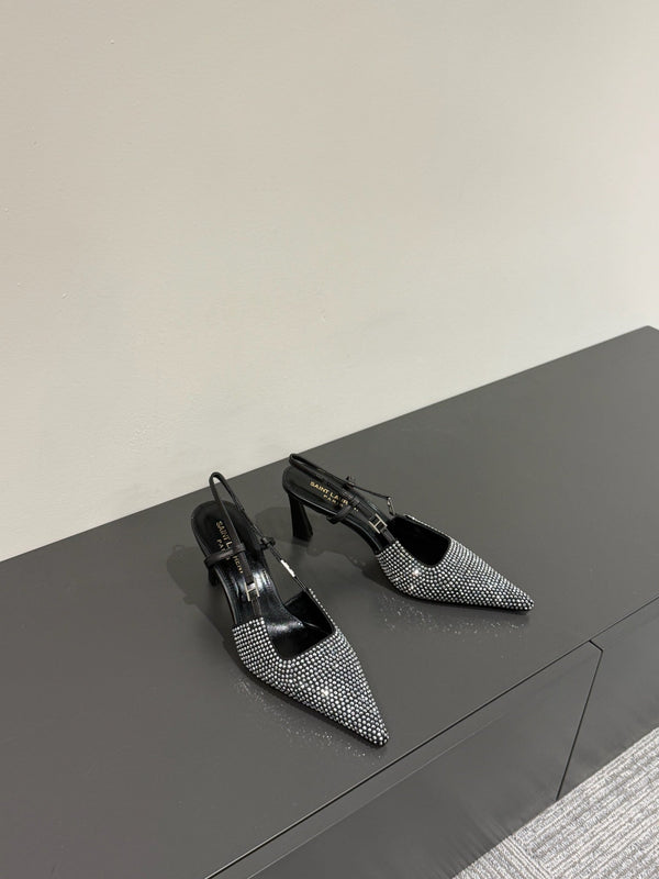 HIGH SLINGBACKS POINTED-TOE IN BLACK LAMBSKIN WITH SILVER CRYSTALS