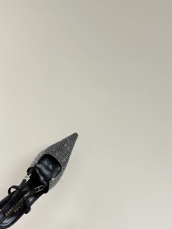 HIGH SLINGBACKS POINTED-TOE IN BLACK LAMBSKIN WITH SILVER CRYSTALS