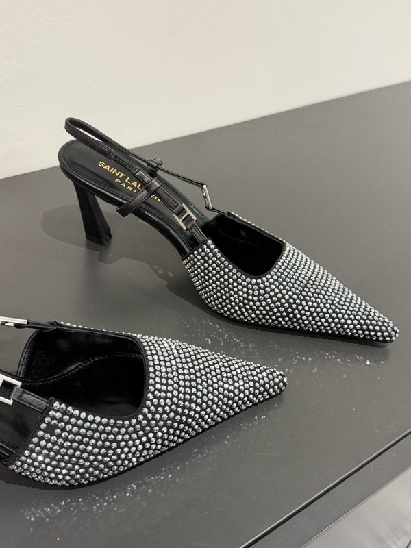 HIGH SLINGBACKS POINTED-TOE IN BLACK LAMBSKIN WITH SILVER CRYSTALS