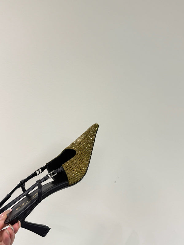 SANDALI A PUNTA CON CINTURINO ALTO IN PELLE DI AGNELLO ORO METALLIZZATO CON CRISTALLI