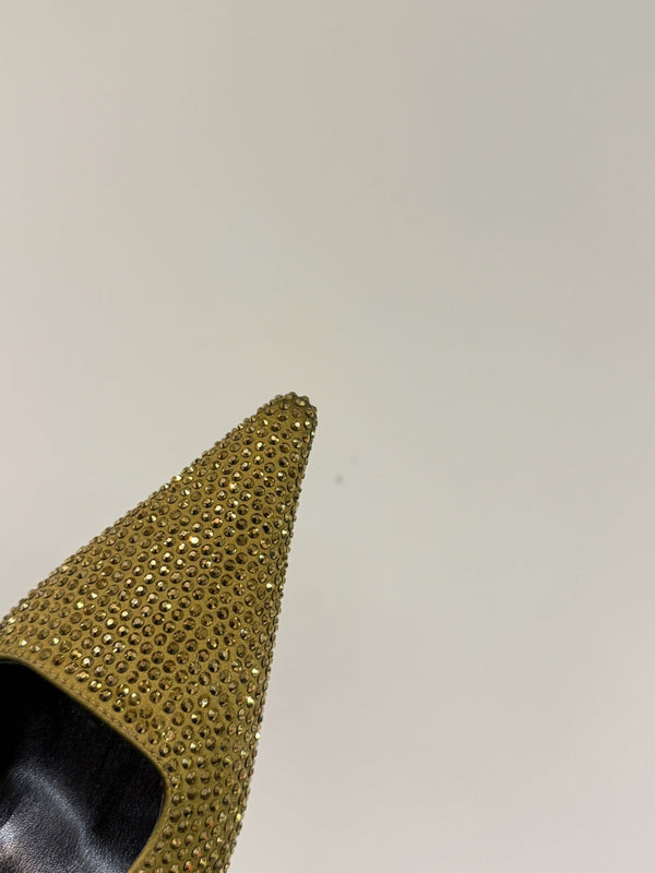 SANDALI A PUNTA CON CINTURINO ALTO IN PELLE DI AGNELLO ORO METALLIZZATO CON CRISTALLI