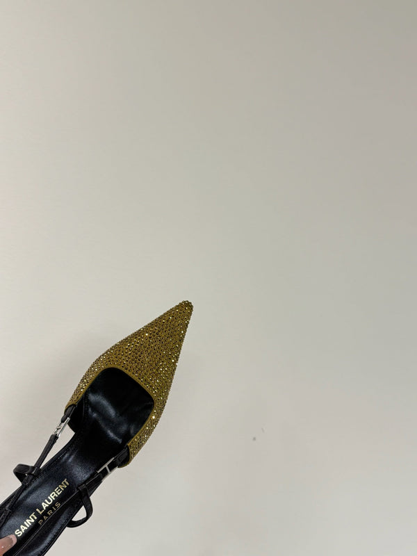 SANDALI A PUNTA CON CINTURINO ALTO IN PELLE DI AGNELLO ORO METALLIZZATO CON CRISTALLI