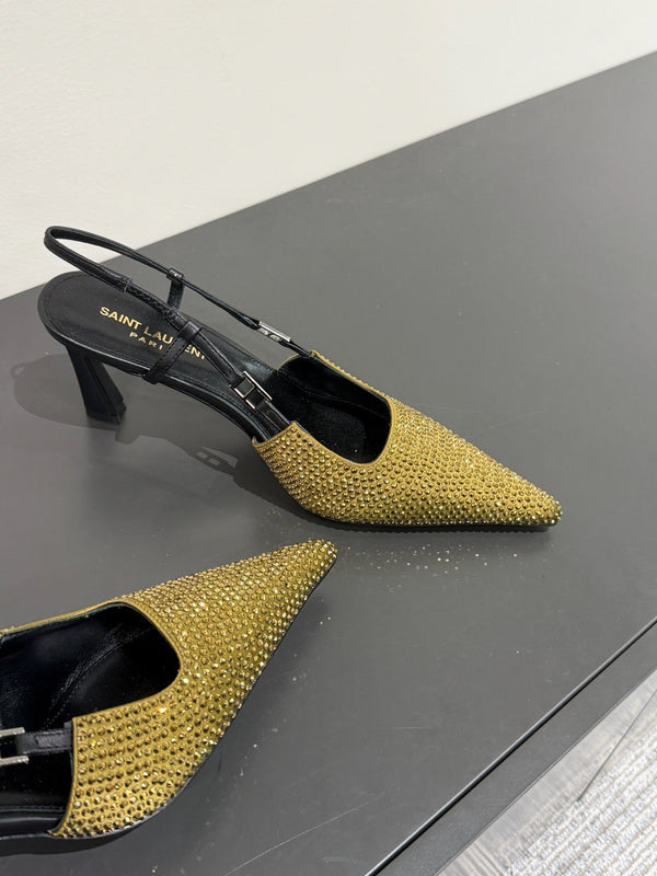 SANDALI A PUNTA CON CINTURINO ALTO IN PELLE DI AGNELLO ORO METALLIZZATO CON CRISTALLI