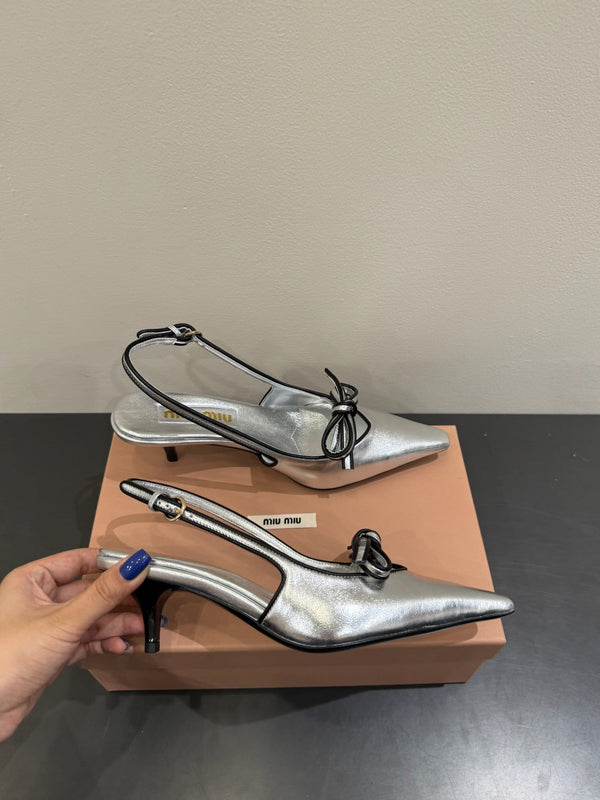 Miu slingback pump metallic sliver leather