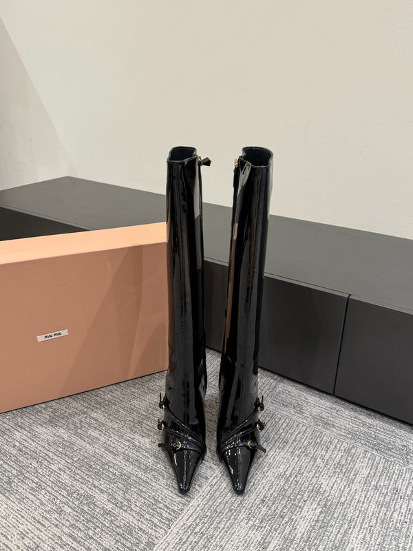 Miu 90 knee high boots black patent leather