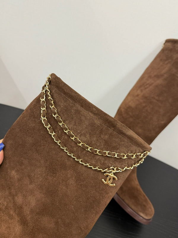 CC 25s Long Flat Chain Knight Boots Brown Cow Suede&Sheeepskin 417842