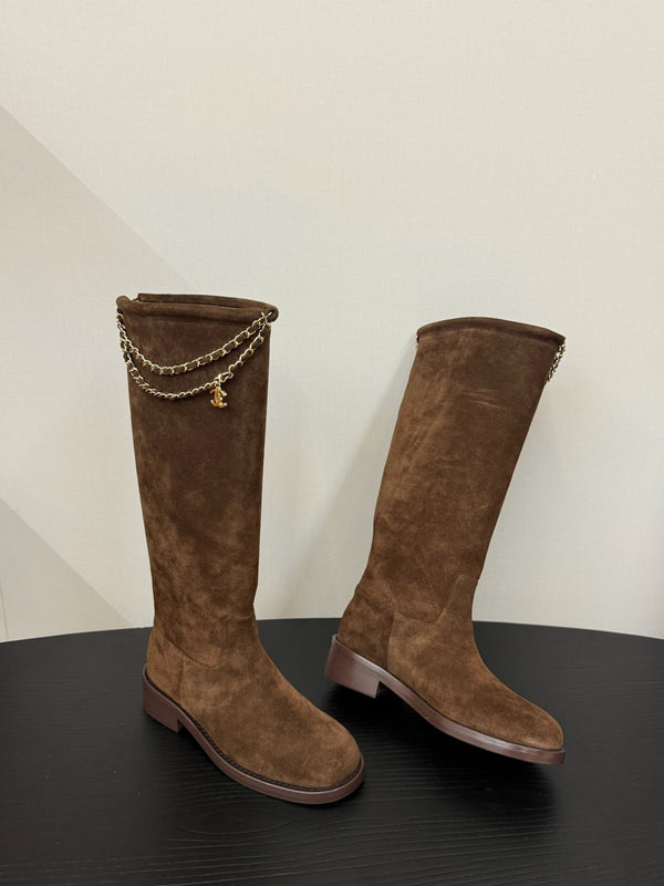 CC 25s Long Flat Chain Knight Boots Brown Cow Suede&Sheeepskin 417842