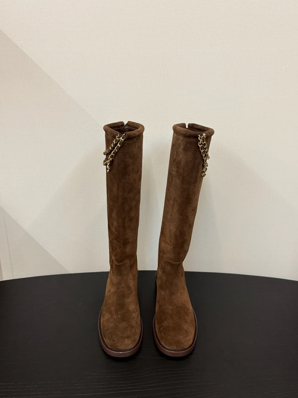 CC 25s Long Flat Chain Knight Boots Brown Cow Suede&Sheeepskin 417842