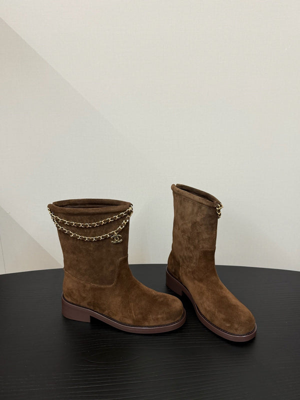 CC 25s Short Flat Chain Knight Boots Brown Cow Suede&Sheeepskin 417843