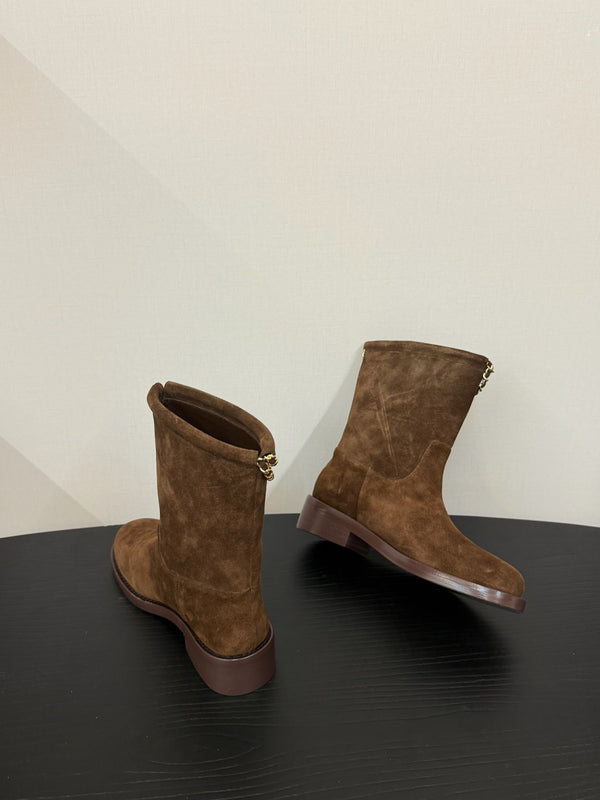 CC 25s Short Flat Chain Knight Boots Brown Cow Suede&Sheeepskin 417843
