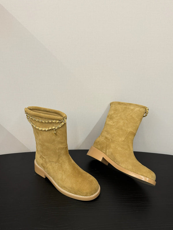 CC 25s Stivali da cavaliere corti con catena piatta in pelle scamosciata e pecora beige 417845