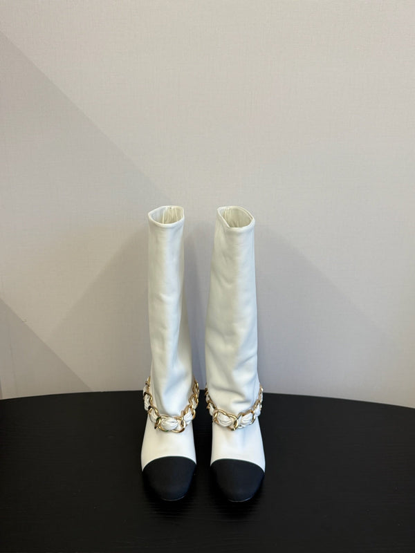 CC 25S High Boots With Chain Black White Cowhide & Sheepskin 417846