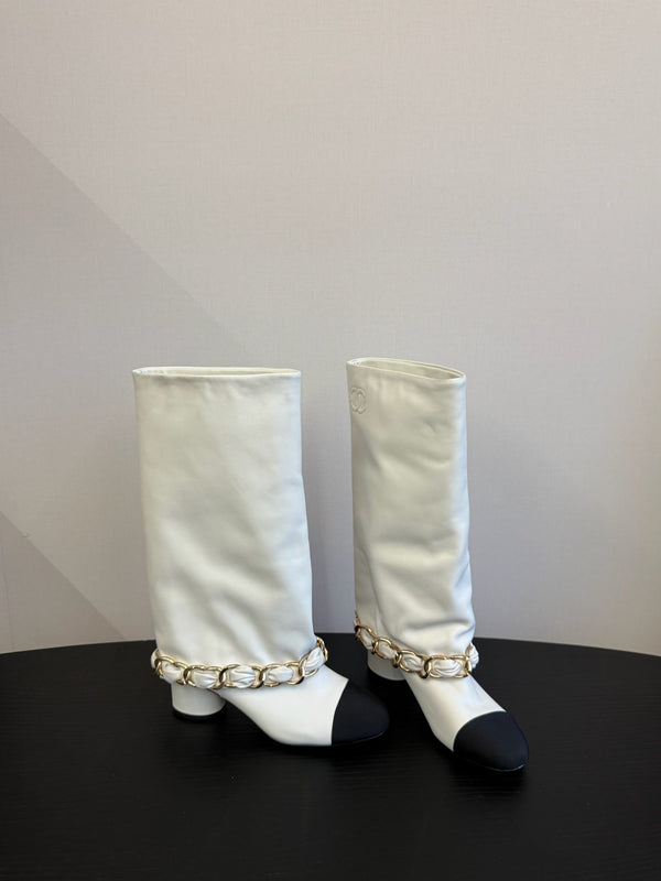 CC 25S High Boots With Chain Black White Cowhide & Sheepskin 417846