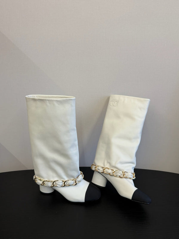 CC 25S High Boots With Chain Black White Cowhide & Sheepskin 417846