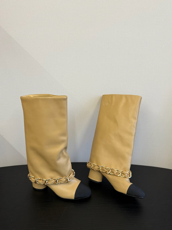 CC 25S High Boots With Chain Beige Black Cowhide & Sheepskin 417847