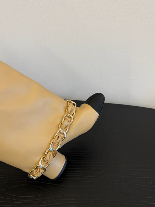 CC 25S High Boots With Chain Beige Black Cowhide & Sheepskin 417847