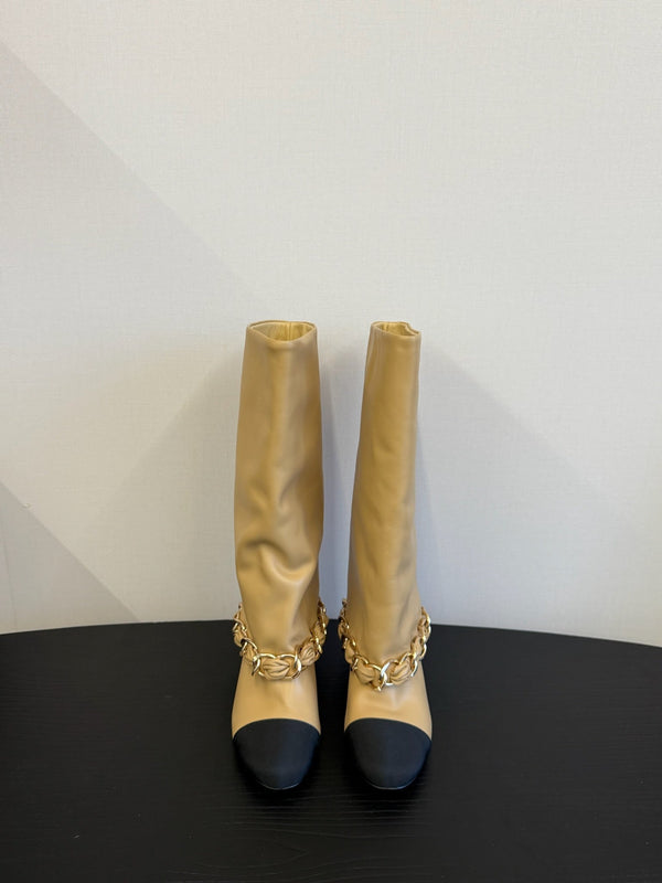 CC 25S High Boots With Chain Beige Black Cowhide & Sheepskin 417847