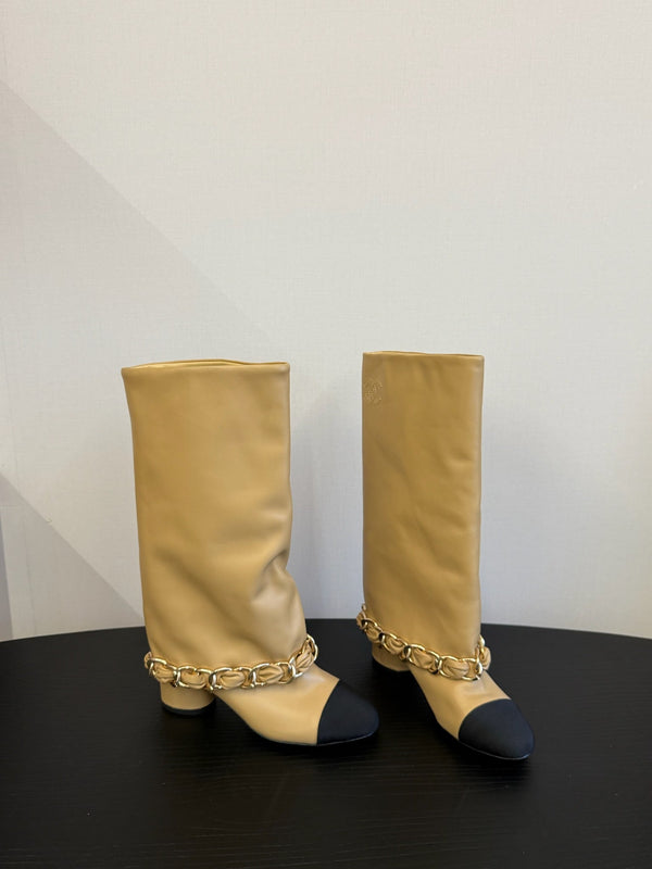 CC 25S High Boots With Chain Beige Black Cowhide & Sheepskin 417847