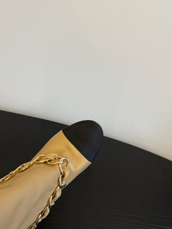 CC 25S High Boots With Chain Beige Black Cowhide & Sheepskin 417847