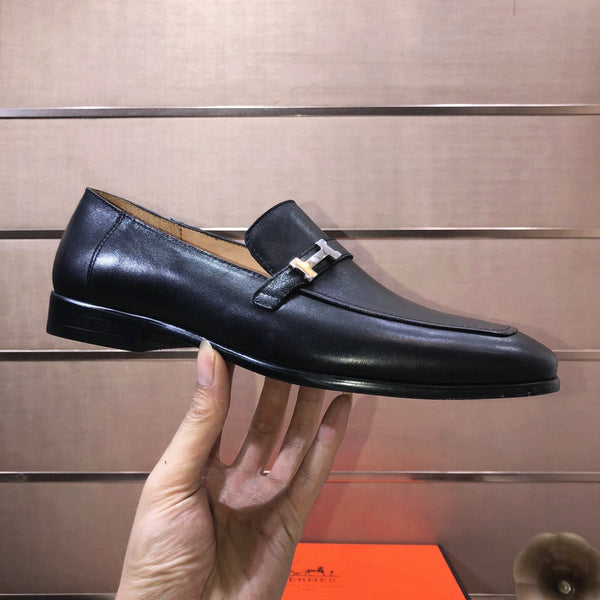 HM GIOVANNI WHITE H-BUCKLE LOAFER BLACK CALFSKIN