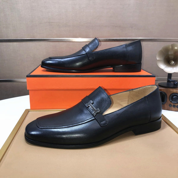 HM GIOVANNI WHITE H-BUCKLE LOAFER BLACK CALFSKIN