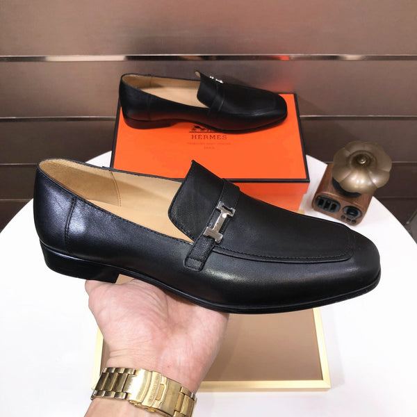 HM GIOVANNI WHITE H-BUCKLE LOAFER BLACK CALFSKIN