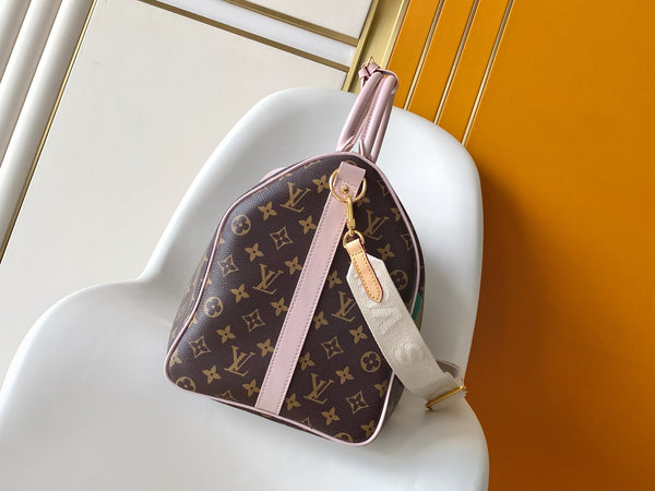 LV M25822 Keepall Bandoulière 45 Travel Bag Brown Pink Monogram Canvas GHW