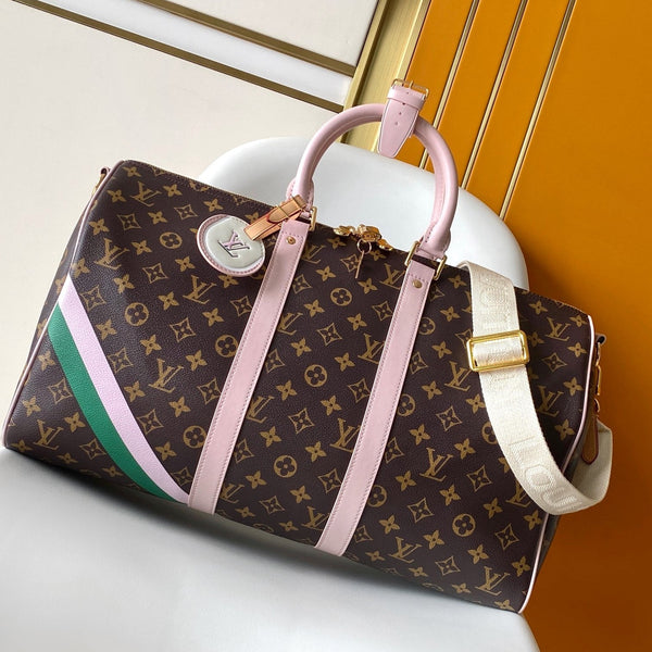 LV M25822 Keepall Bandoulière 45 Travel Bag Brown Pink Monogram Canvas GHW