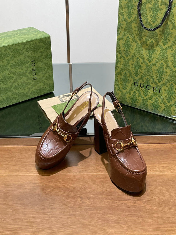 GG WOMEN'S HORSEBIT PLATFORM SLINGBACK IN DARK BROWN EMBOSSED CALFSKIN