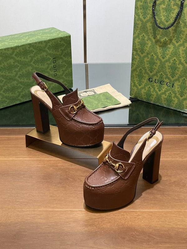 GG WOMEN'S HORSEBIT PLATFORM SLINGBACK IN DARK BROWN EMBOSSED CALFSKIN