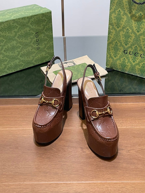 GG WOMEN'S HORSEBIT PLATFORM SLINGBACK IN DARK BROWN EMBOSSED CALFSKIN