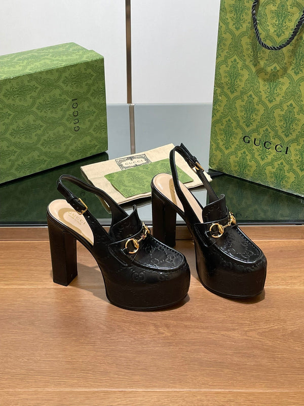 GG WOMEN'S HORSEBIT PLATFORM SLINGBACK IN BLACK EMBOSSED CALFSKIN