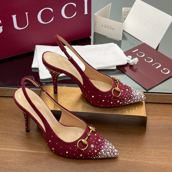 GG Horsebit Slingback 85MM Red Ebony Monogram Canvas Point Toe Crystal-Embellished