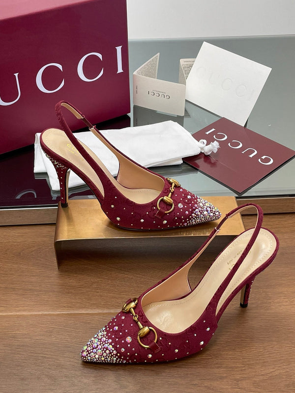 GG Horsebit Slingback 85MM Red Ebony Monogram Canvas Point Toe Crystal-Embellished