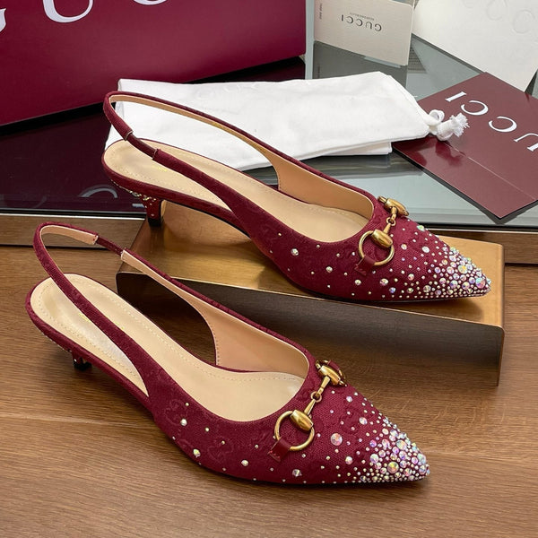 GG Horsebit Slingback 45MM Red Ebony Monogram Canvas Point Toe Crystal-Embellished