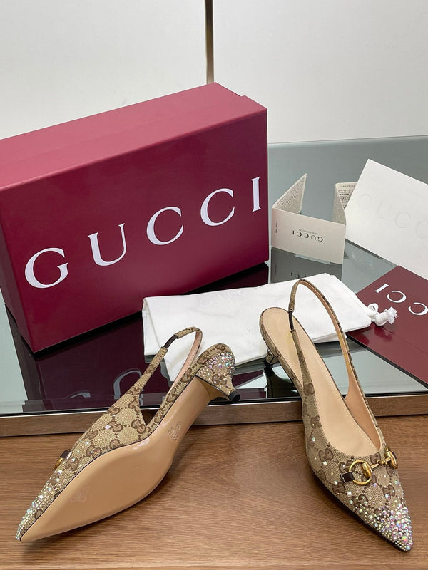 GG Horsebit Slingback 45MM Beige Ebony Monogram Canvas Point Toe Crystal-Embellished